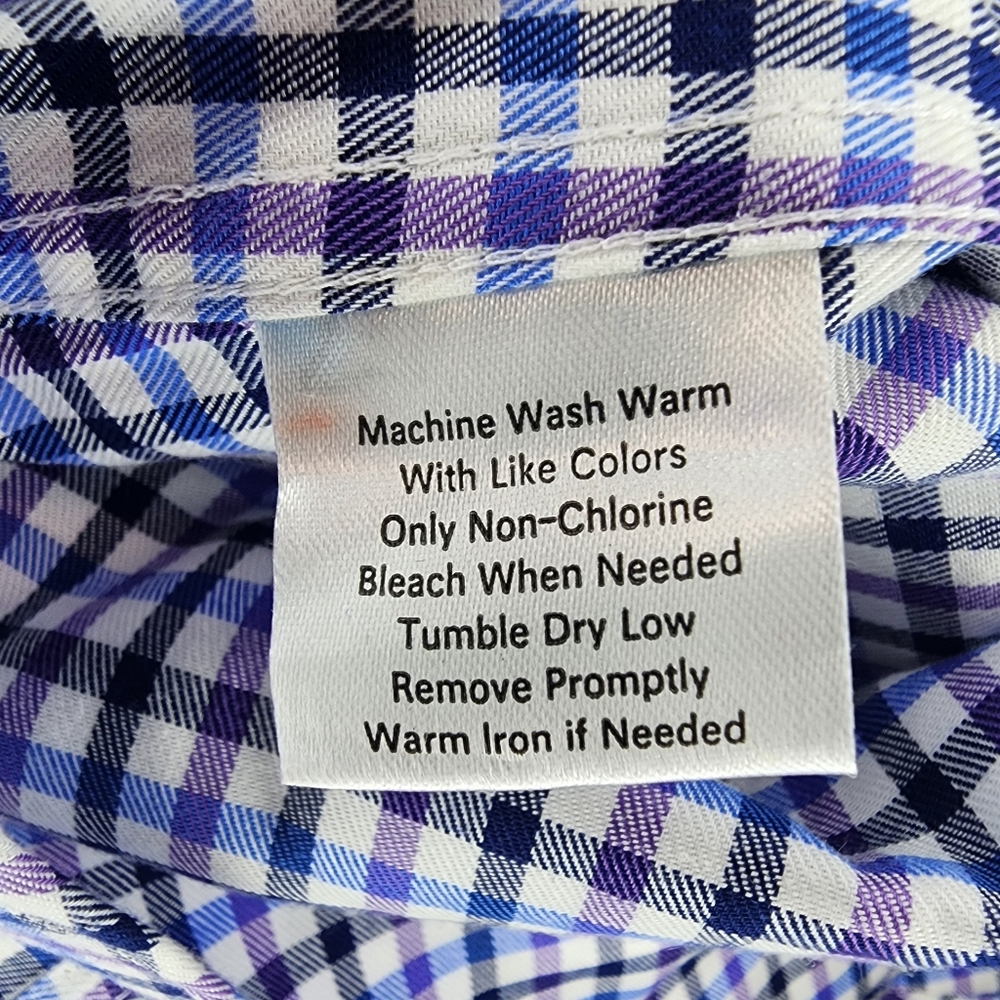 Esquire Slim Fit Non Iron Dress Shirt Men 16.5 34/35 Long Sleeve Gingham Blue - Picture 7 of 9